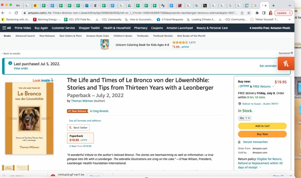 Screen shot of the Amazon from July of 2022. It features the “#1 New Release in Dog Breeds” label.