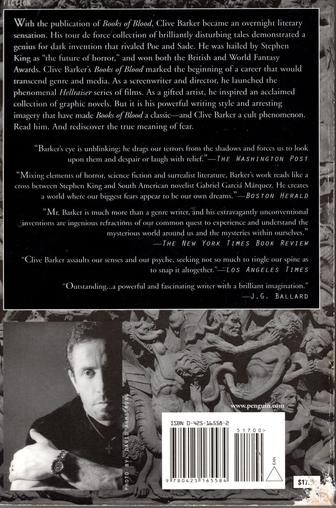 The back cover has the Amazon description of the book and a photo of Clive Barker.