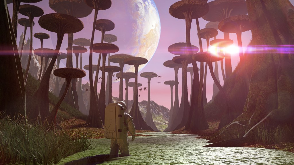 An astronaut is standing on the surface of an alien planet. He is surrounded by giant mushrooms and in the sky, there is a large moon or a planet.