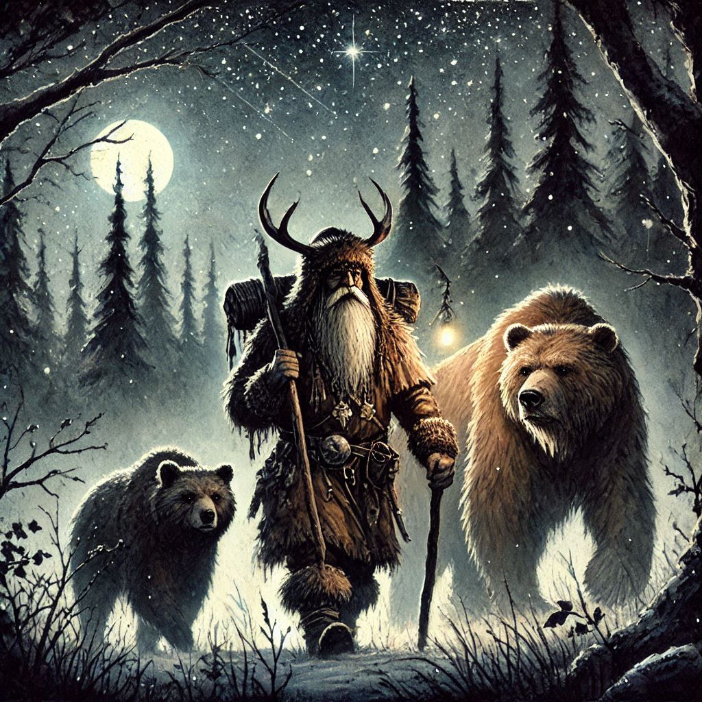 AI generated image showing an old man with a long beard wearing antlers as he is walking his two Grizzly Bears through a dense coniferous forest.