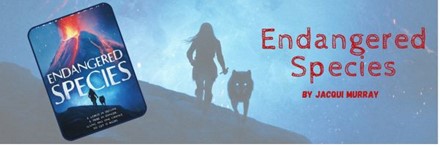 A blue banner with a canine wolf and a neanderthal, front cover of book and title and author.