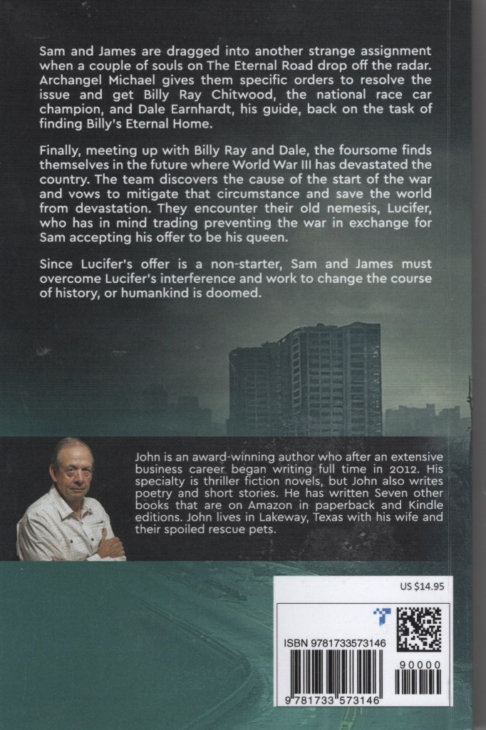 Photo of the author, an overview of the author, and a description of the book. There is a city in ruins in the background.