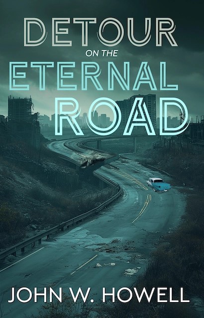 The front cover features the title and the author, and a road curving through a dark landscape. On the road is an Oldsmobile 1956.