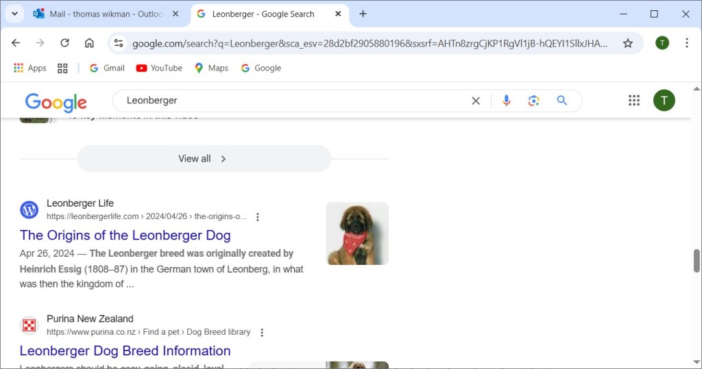 The screenshot shows  the entry for Leonberger Life … The Origins of the Leonberger Dog …. The Leonberger breed was originally created by