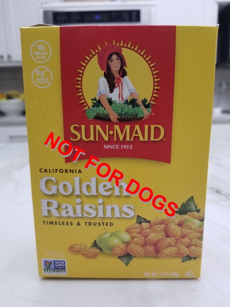 Photo of a box of Sun Maid Golden Raisins with the text “Not for Dogs”