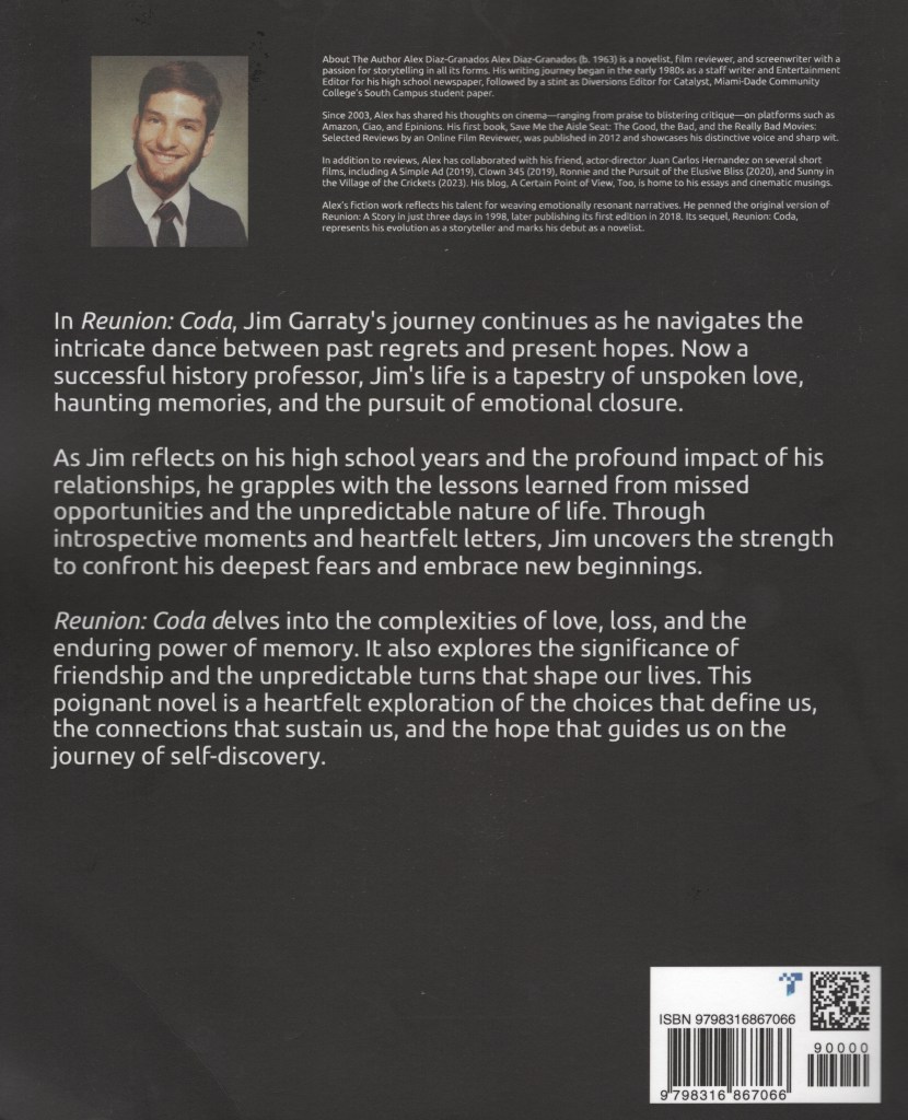 Photo of the author, an overview of the author, and a description of the book. There is a city in ruins in the background.