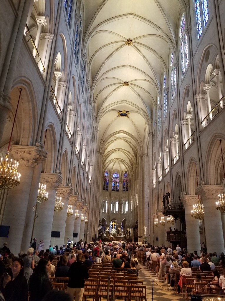 The left side of the inside of the Notre Dame cathedral. There are seats, chandeliers and a very tall ceiling.