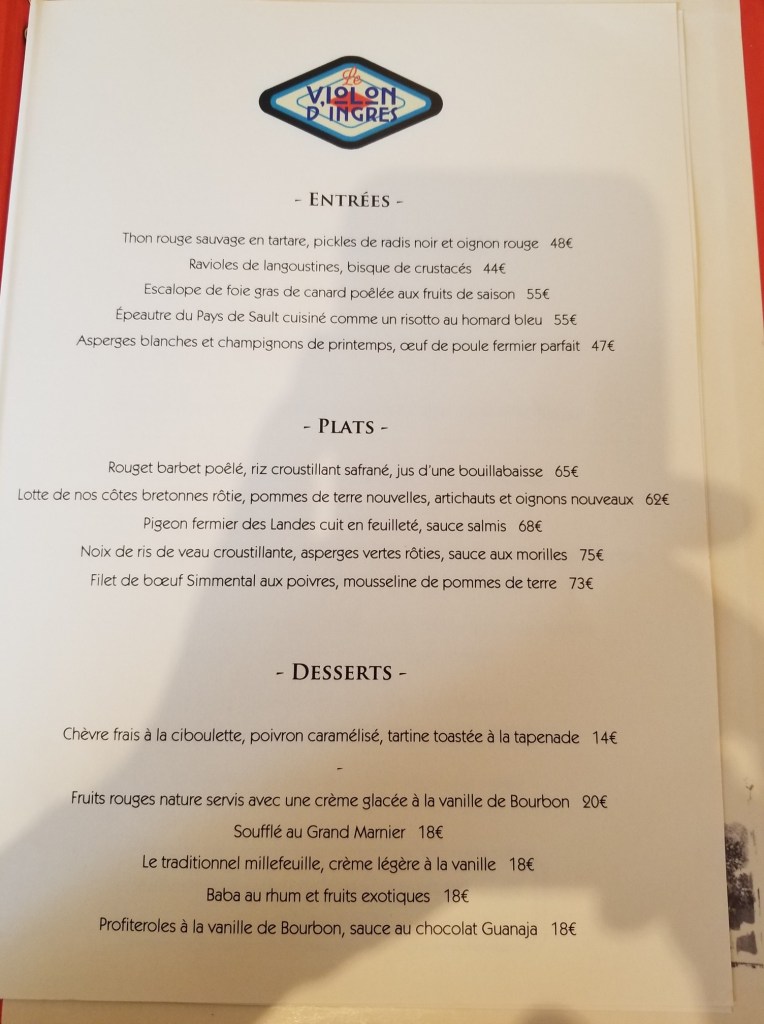 The Violin d’Ingres menu features Entrées, which is starters, then Plats which is the main course and finally desserts.