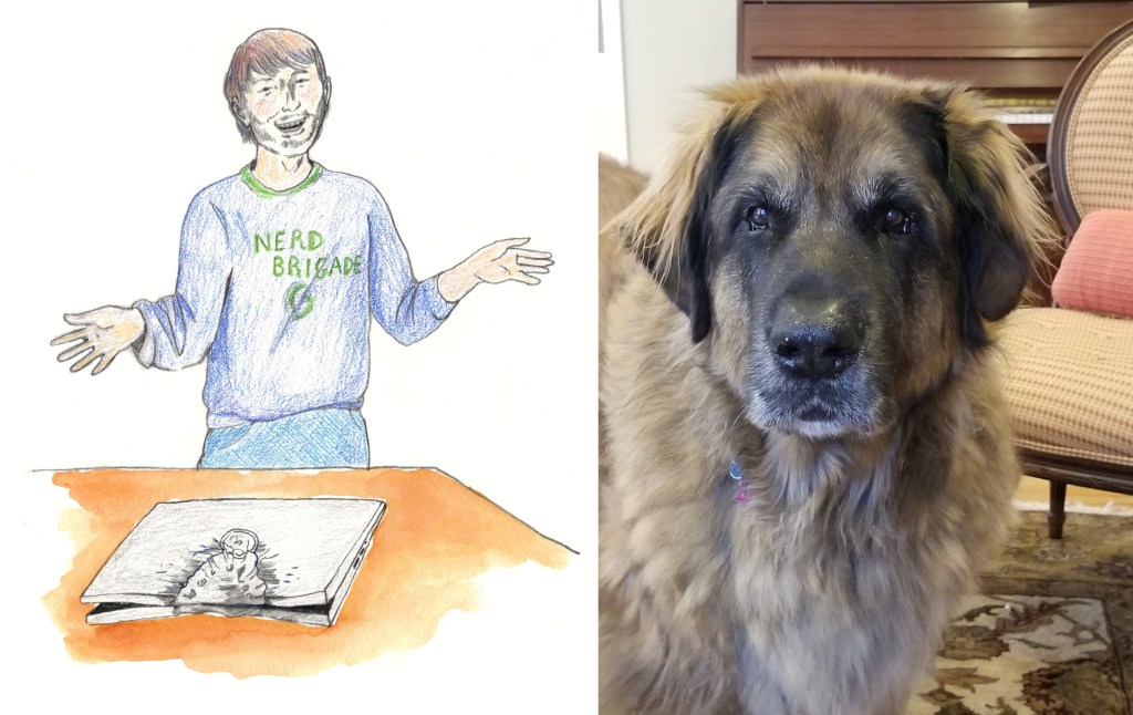 Claudia my wife sitting in a red sofa with our very big dog in her lap.