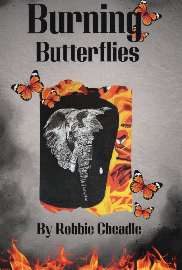 The front cover features the title and author, butterflies and the front of an elephant at the center as well as fire in the background.