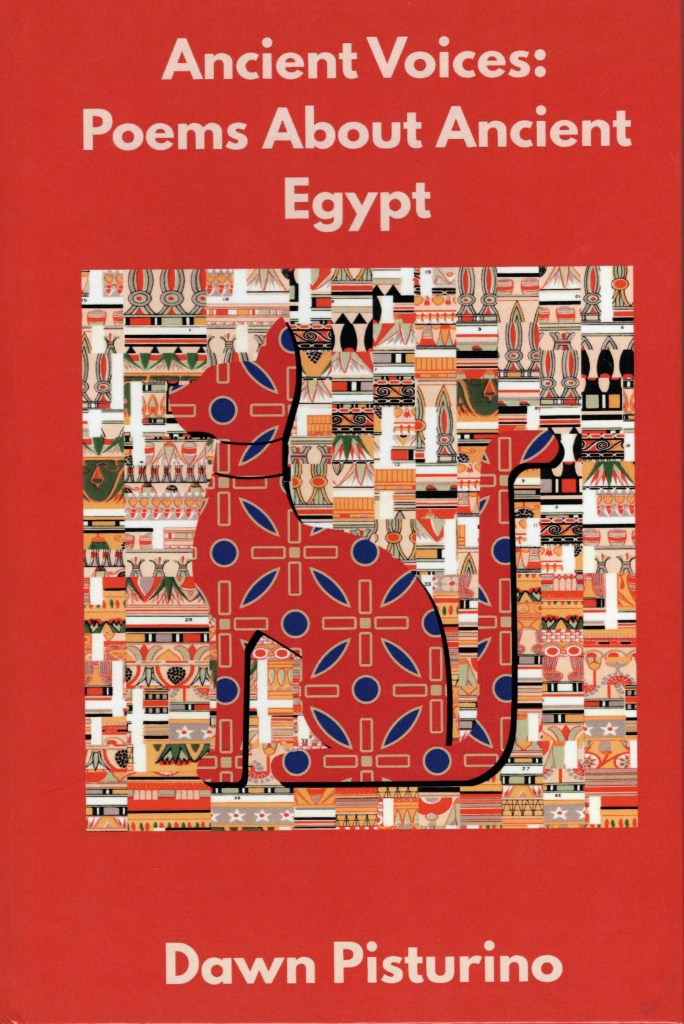 The front cover features the title and author, hieroglyphs and a decorated cat on a reddish-brown background.