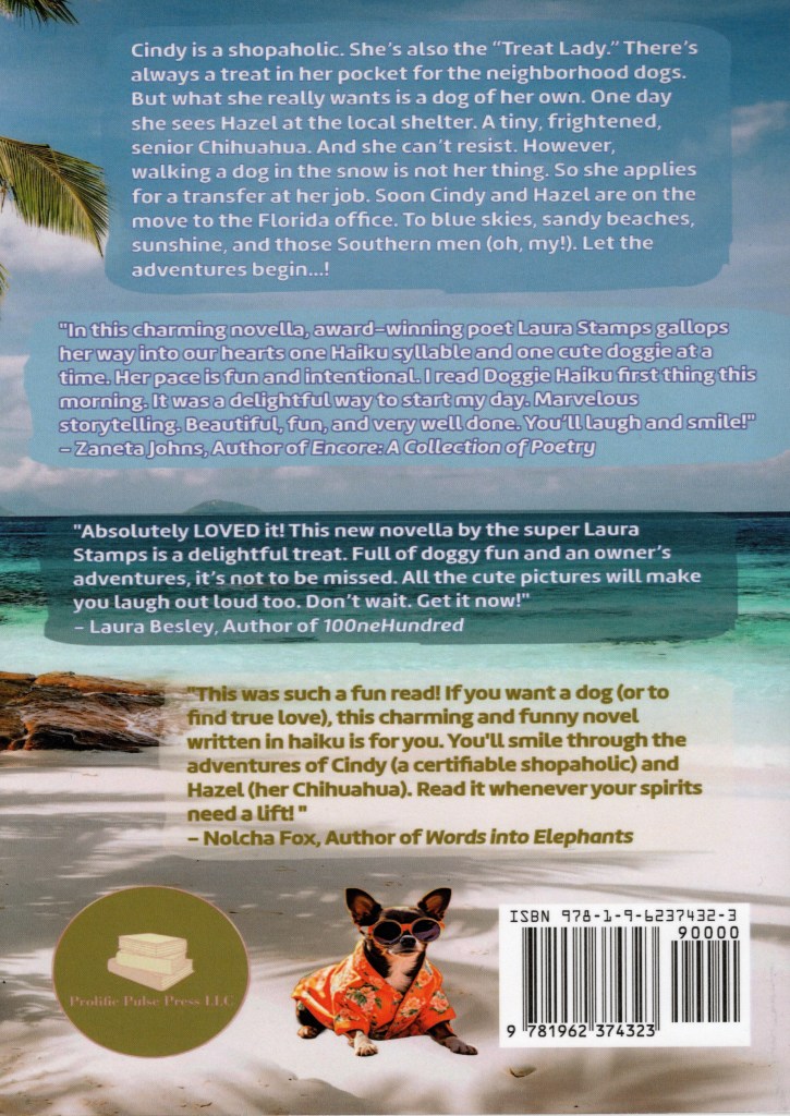 A picture of a beach and praise for the book.