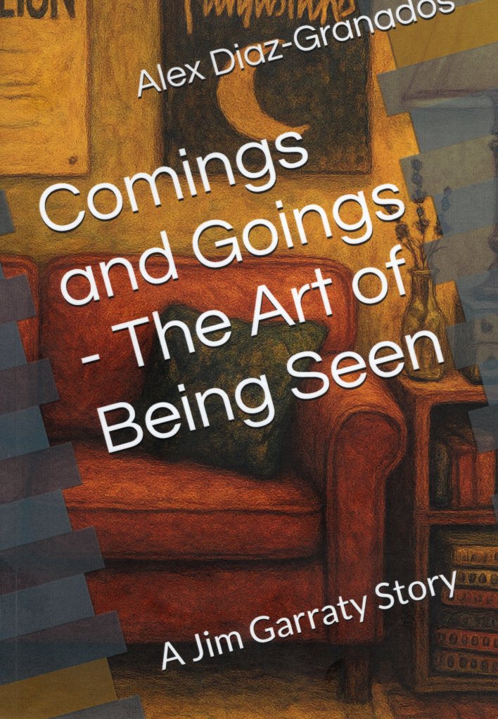 Title and name of author written slanted across the front cover. In the background there is furniture in a small room.