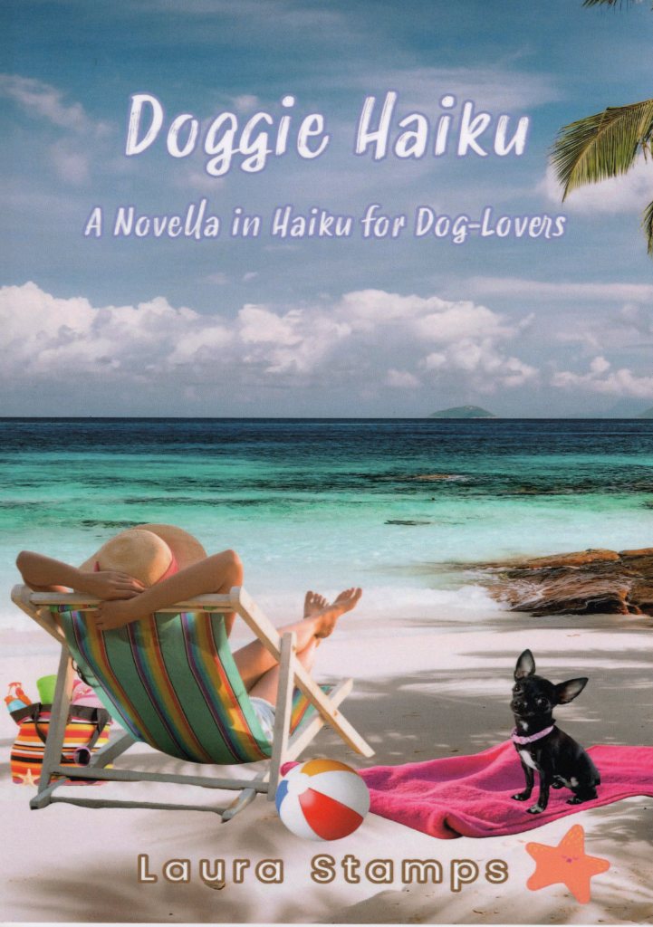 The front cover features a beach with a woman in a chair and a chihuahua on the sand, as well as the title and name of author written.