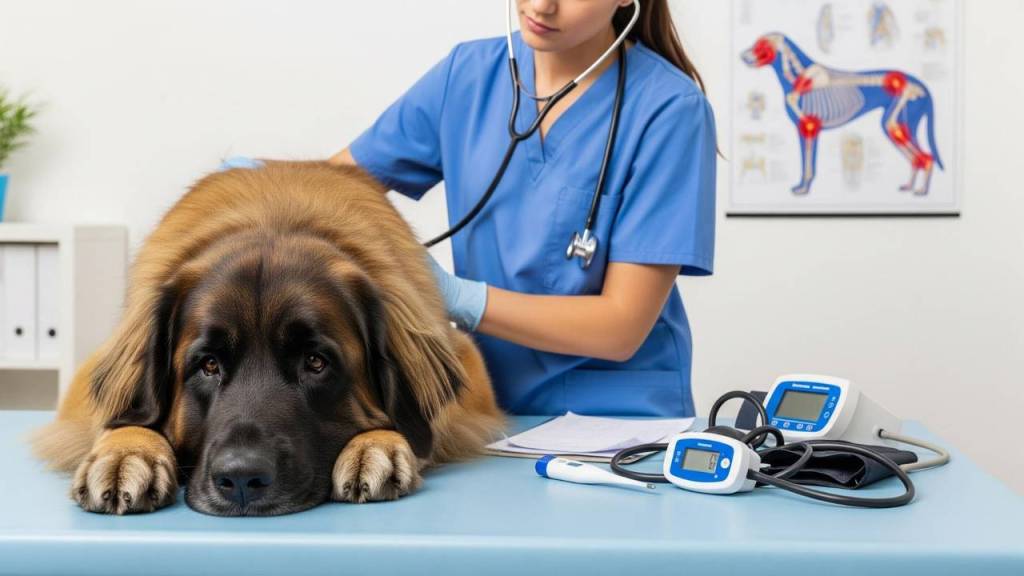 A photo of a Leonberger lying on a veterinaries table. A veterinarian is taking the vitals using a stethoscope.