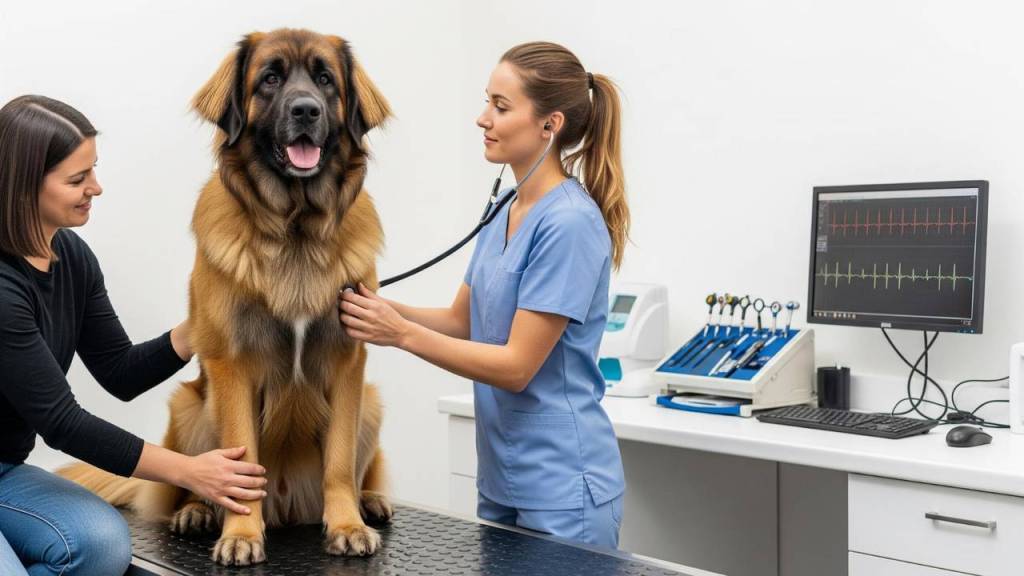 The photo shows a Leonberger sitting on a veterinary table getting its heart checked by a veterinarian.