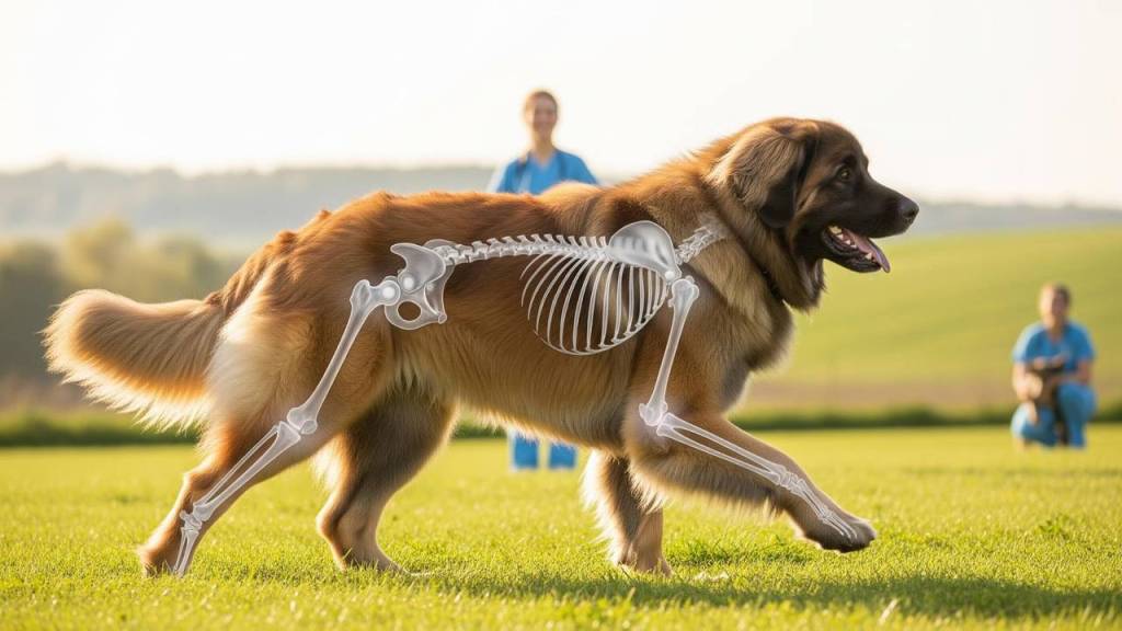 A Leonberger running on grass. His skeleton is shown as overlayed on his body.