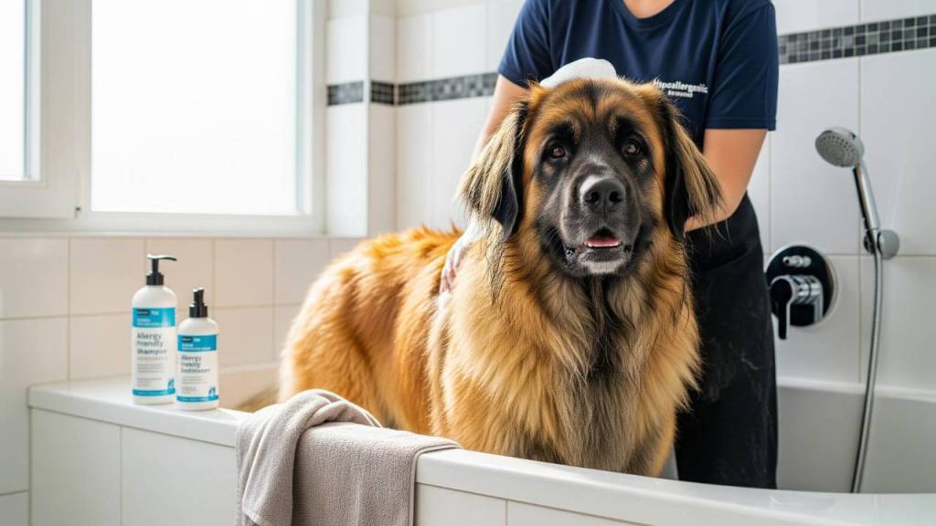 A Leonberger is standing in a bathtub. He is being washed.