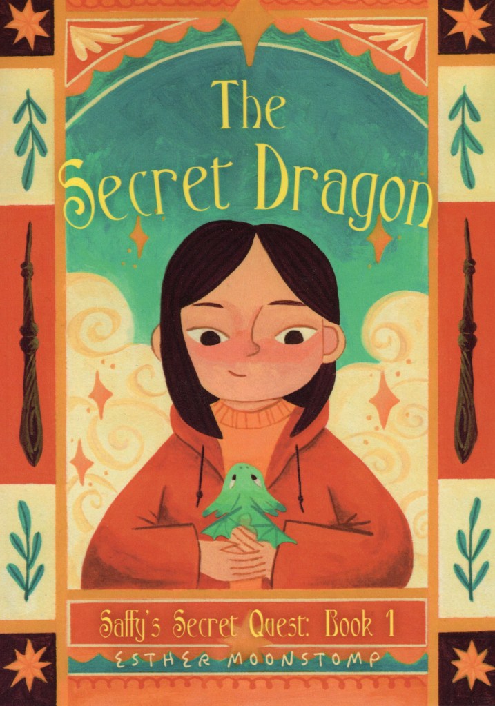 The title and author name and an illustration of a girl holding a small green dragon.
