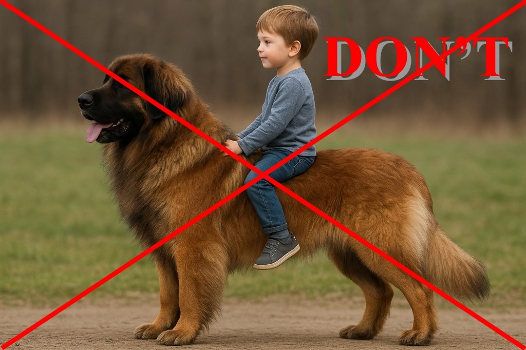 A small boy is sitting on the back of a big Leonberger dog. A red X is drawn across the picture, and it features the text Don’t in red.