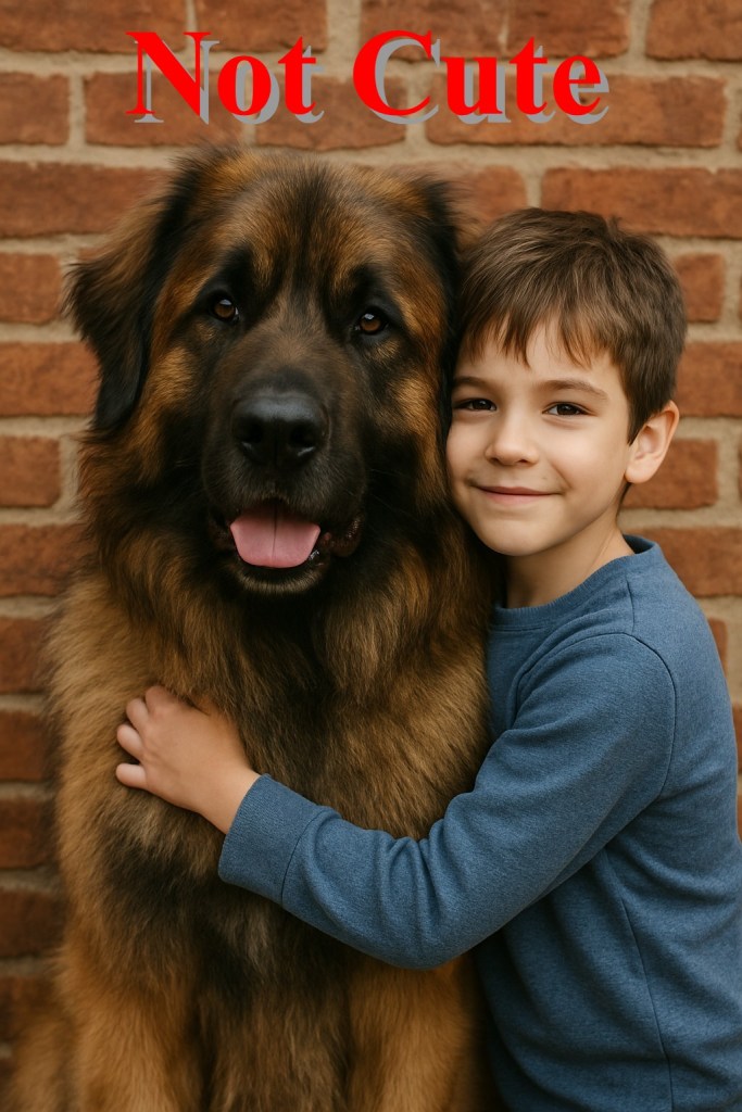 The picture shows a Leonberger dog looking forward as boy on his right is hugging the dog and putting his arm around him.