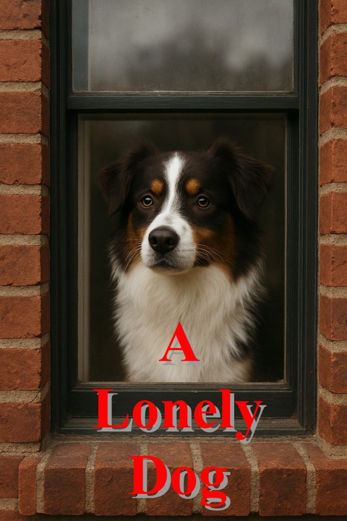 A dark brown and white Australian Shepherd is looking out the window of a brick house.