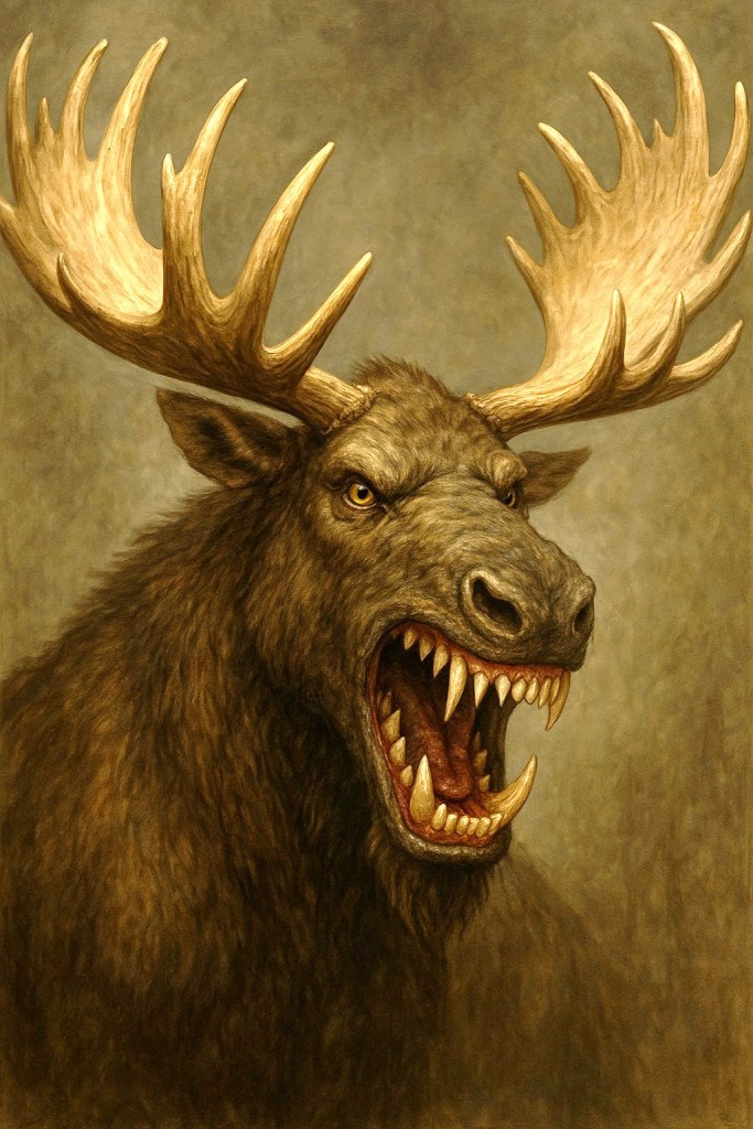 A moose with big antlers and giant sharp teeth.
