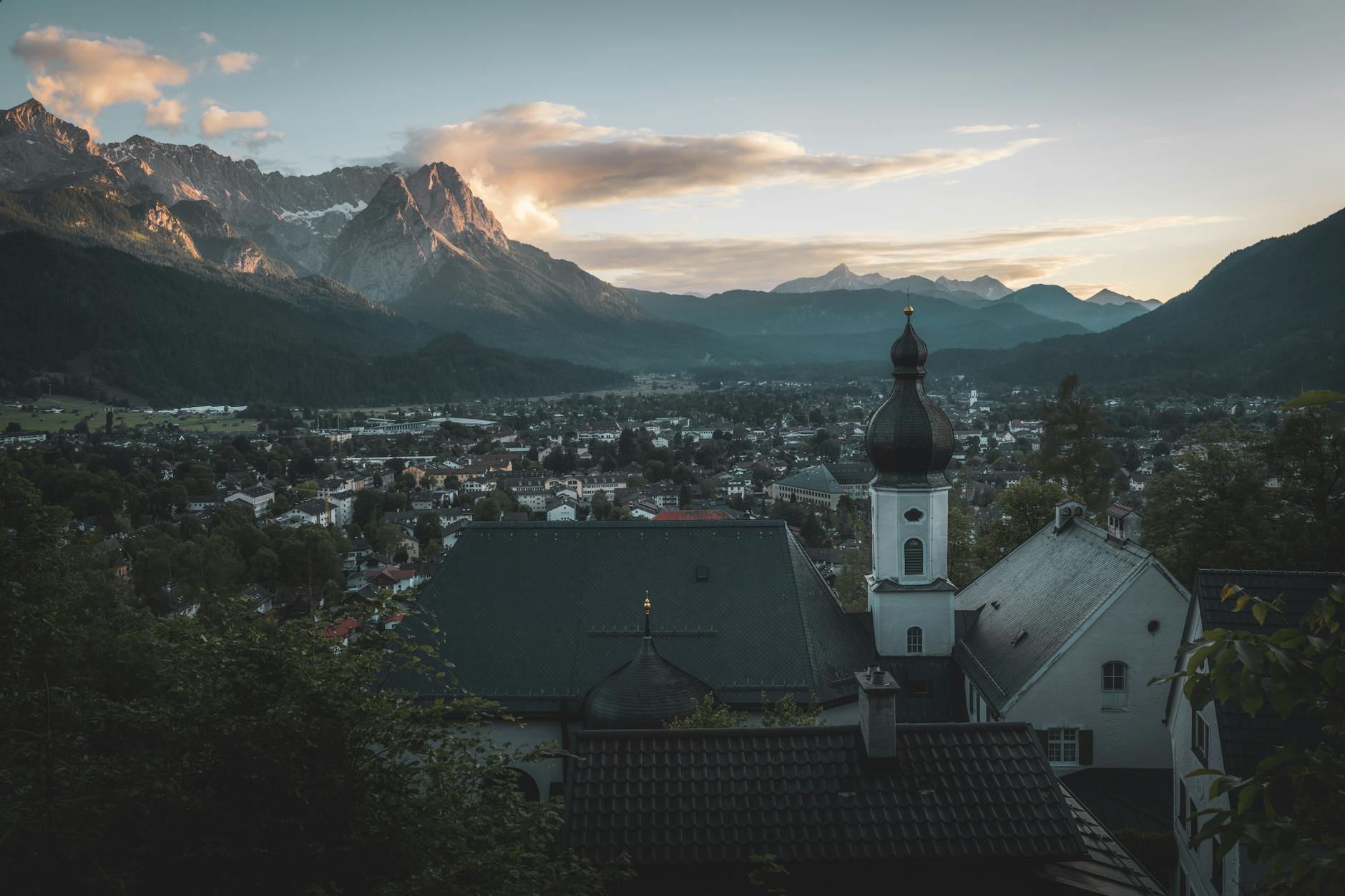 Mountains in the background. The town of Garmisch-Partenkirchen in the foreground.