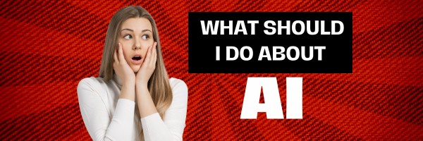 A woman on a red background says, “What should I do about AI”