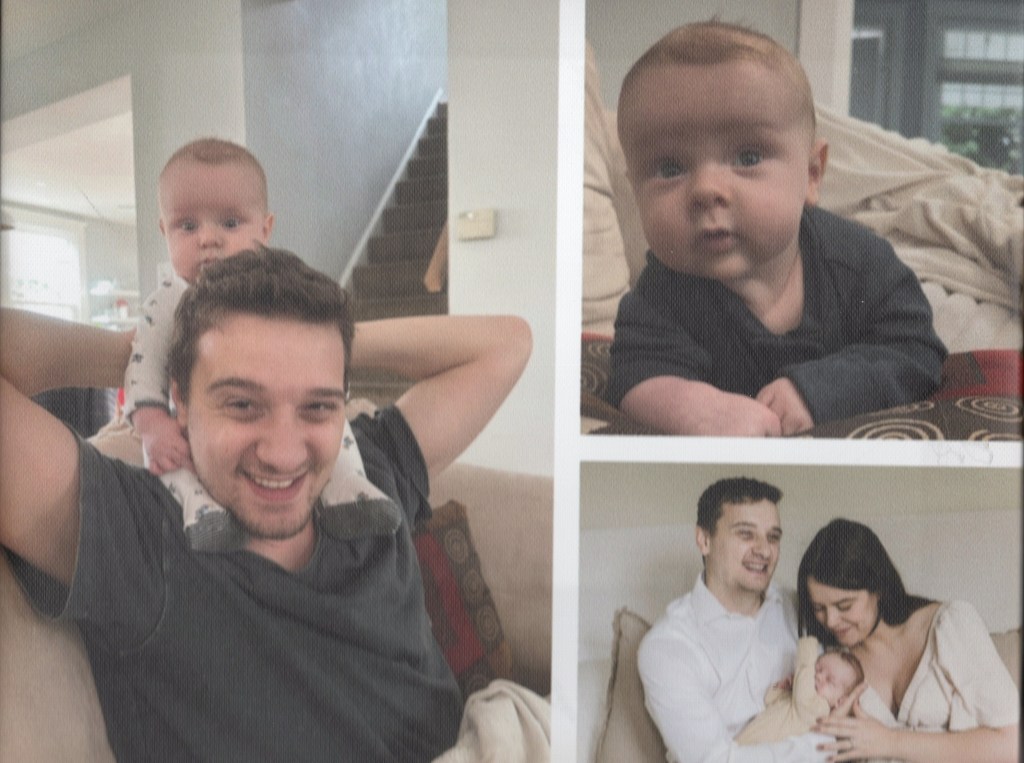 There are three photos. On the left is our son Jacob with baby Jack on his shoulders, top right our grandson Jack in the sofa, and bottom right Jacob and Ashley with newborn Jack. 