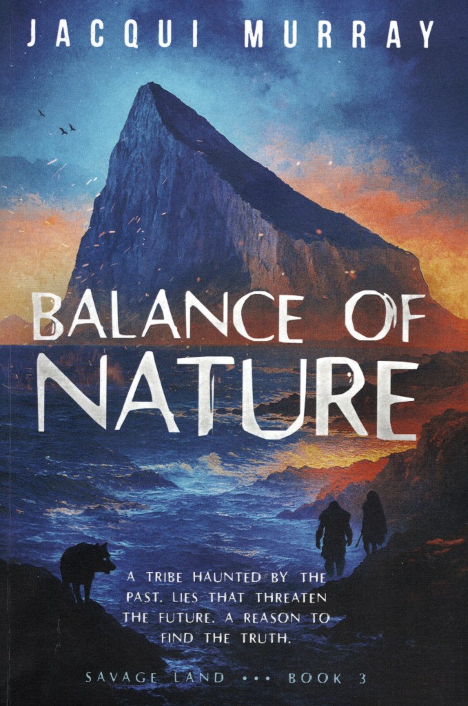 The front cover features the title and author, a canine/wolf, a couple of humans or Neanderthals, and there is a large mountain in the background.