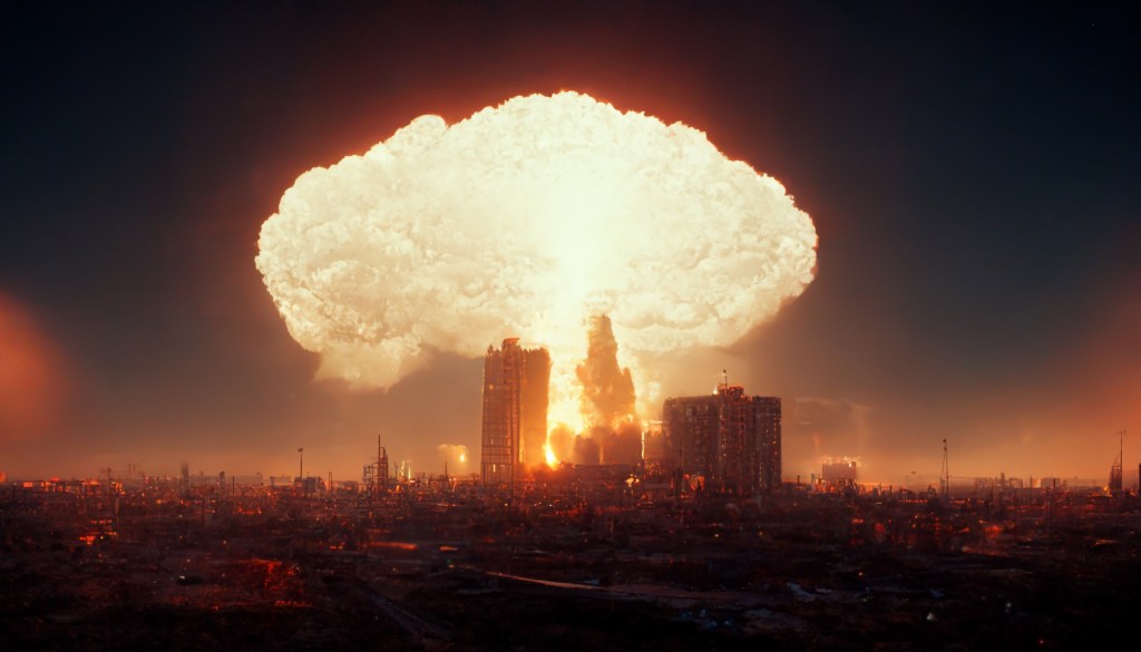 Atomic bomb explosion in a city - nuclear attack on a crowded city – 3D rendering of a mushroom cloud encompassing a city with skyscrapers.