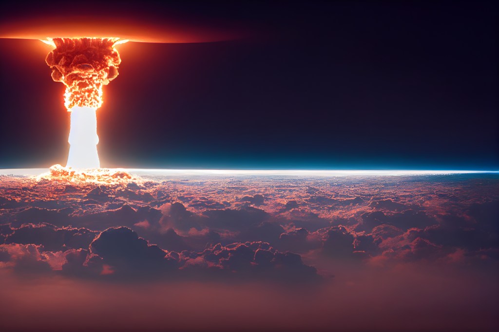 Russian Tsar Bomba mushroom cloud rising high above the clouds. High quality photo realist ( 3d make ).