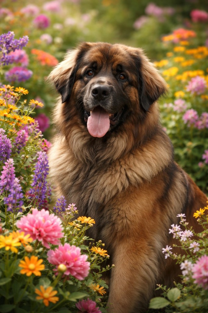 A Leonberger standing in a field of colorful flowers.