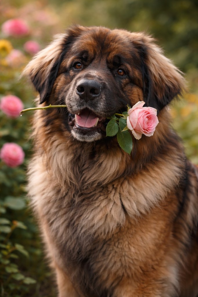 The image shows a Leonberger surrounded by rose bushes. It is holding a pink rose in its mouth.