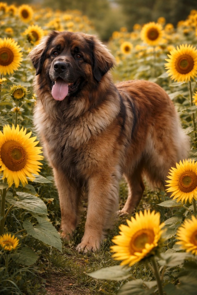 A Leonberger standing in a field of sunflowers.