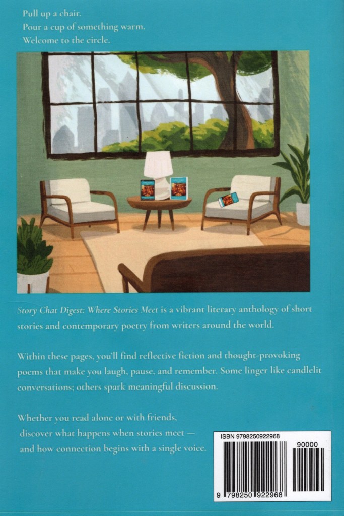 The picture shows a living room with furniture and there is a description of the book.