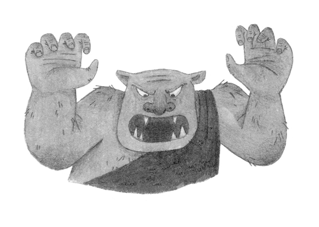 A big ogre with a big mouth and sharp teeth roaring and looking scary