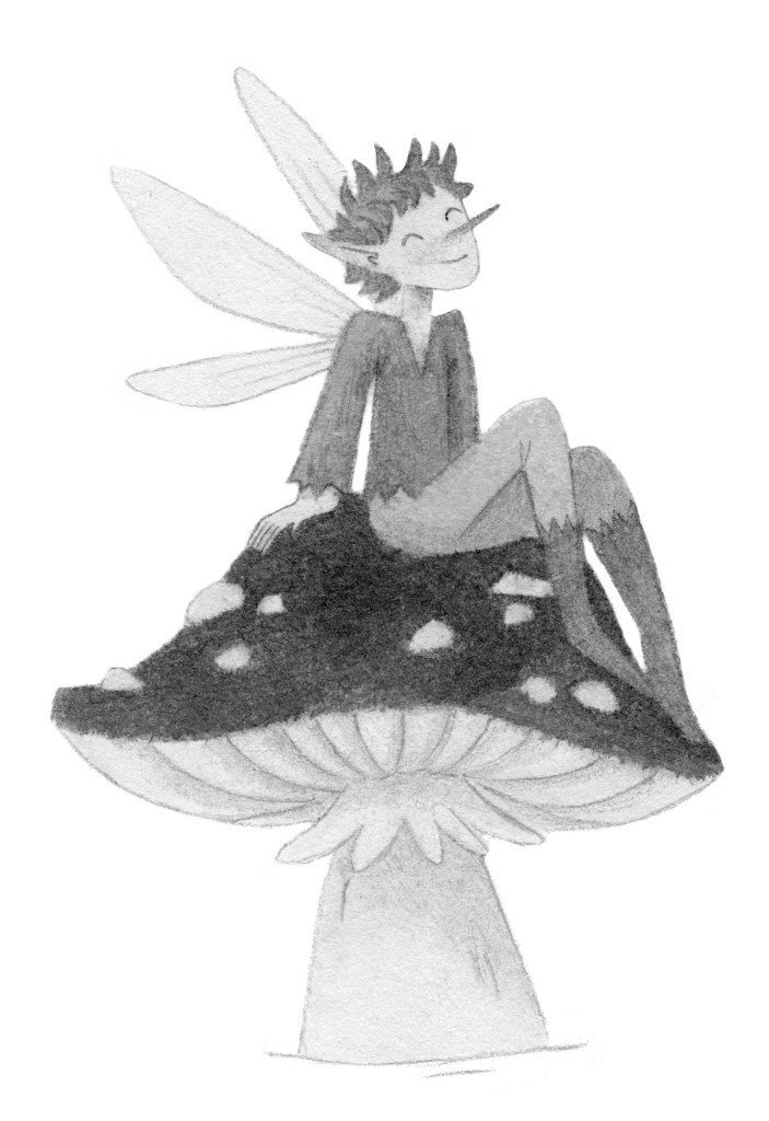 A pixie fairy sitting on a mushroom