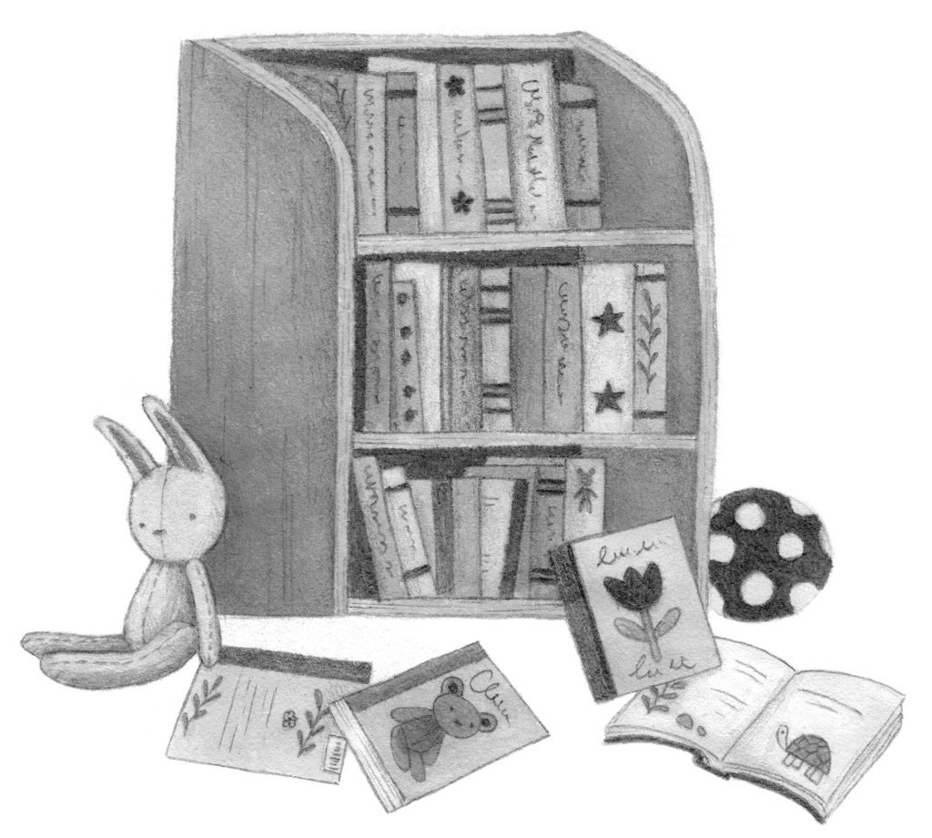 A bookcase with lots of books and there is a toy rabbit and a ball