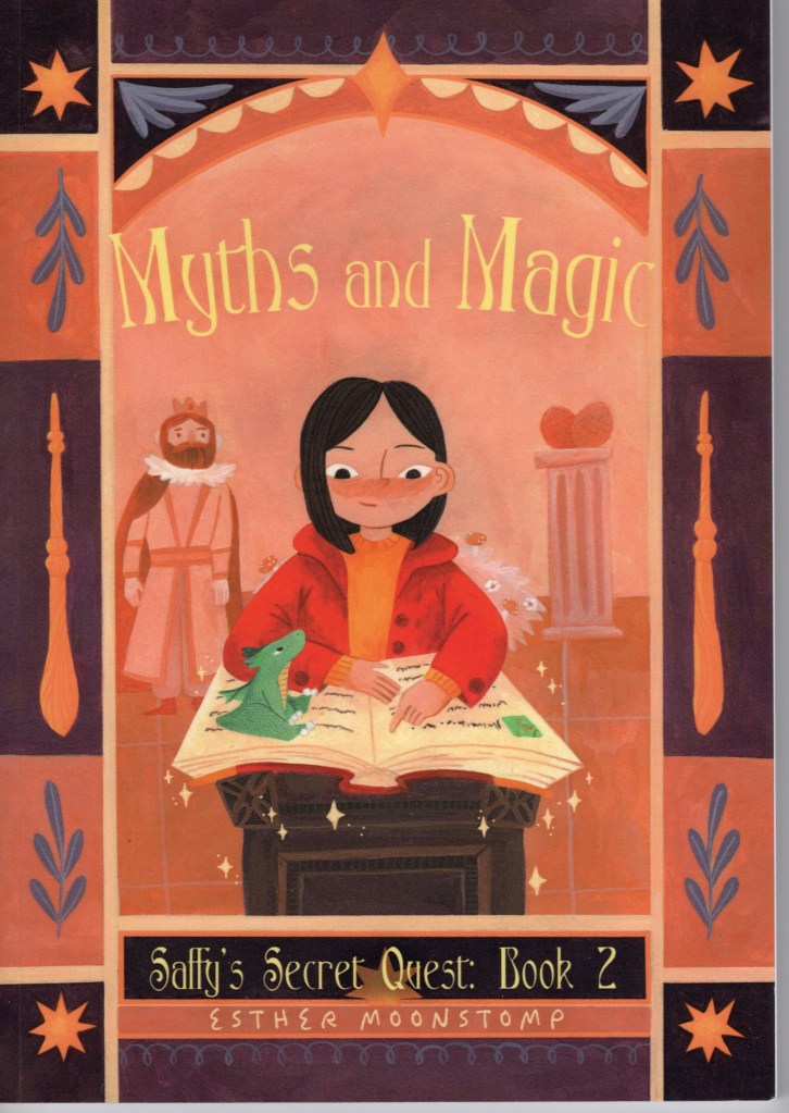 The front cover features the title and author name, and a picture of a girl reading a magic book. There’s a king and queen in the background.