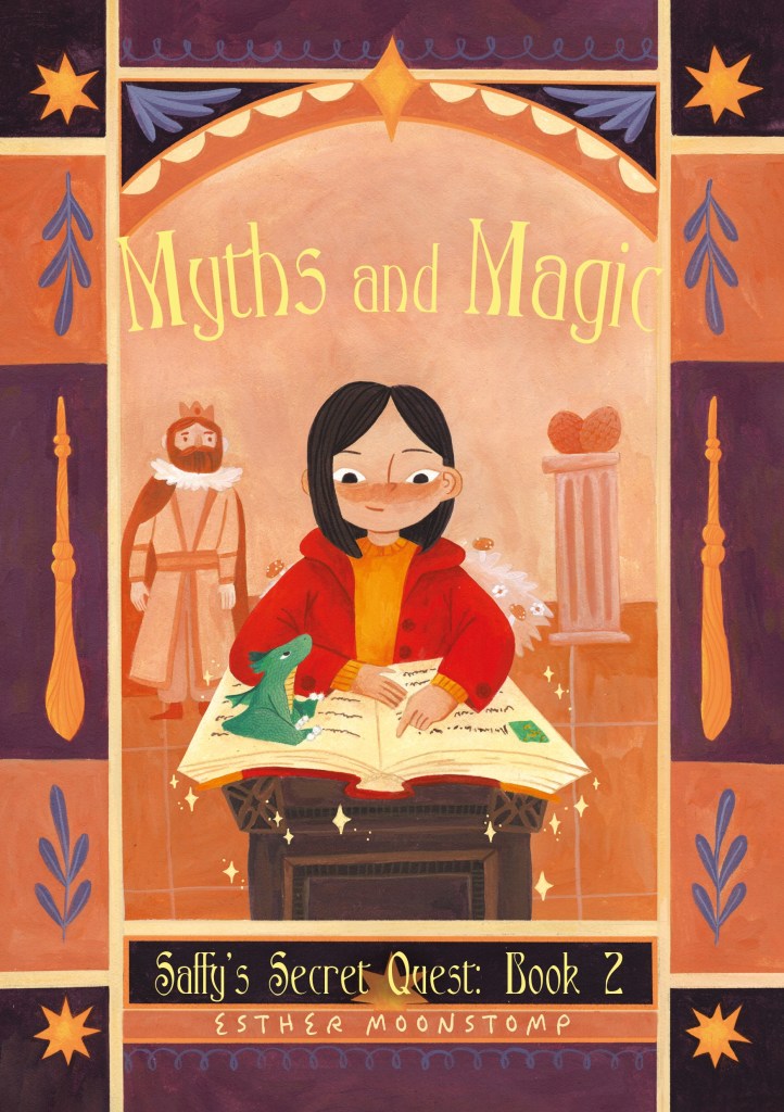 The front cover features the title and author name, and a picture of a girl reading a magic book. There’s a king and queen in the background.