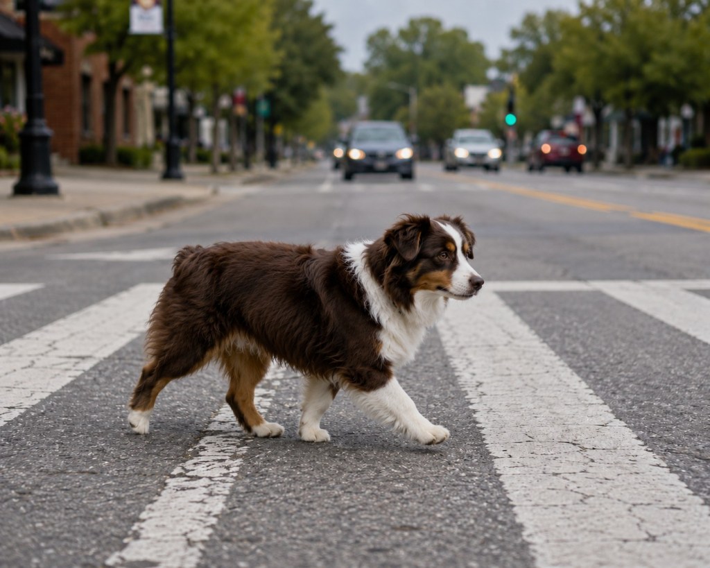 A mini-Australian Shepherd is crossing the street on a crosswalk.