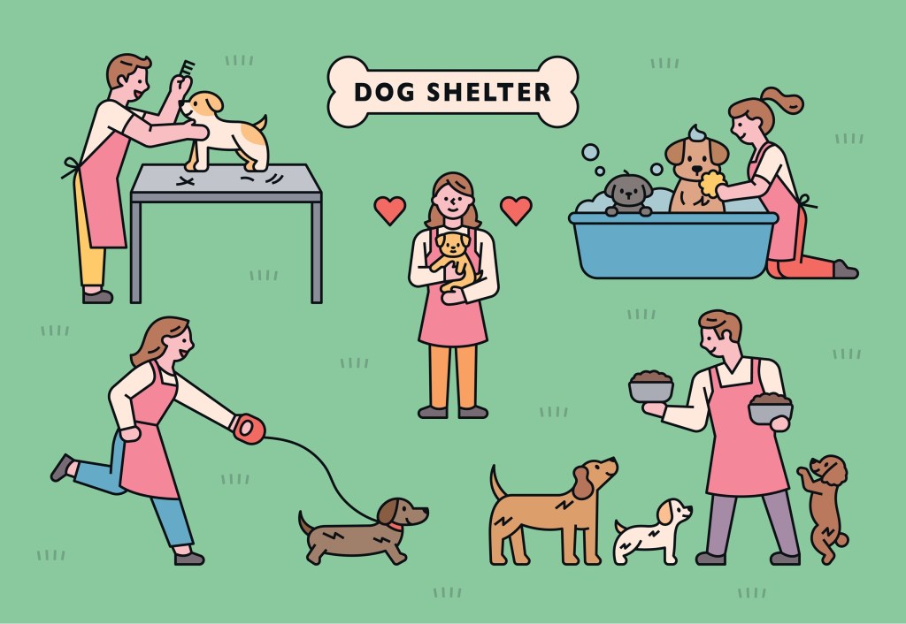 The illustrations show a woman holding a puppy in the middle, and volunteers grooming, bathing, walking and feeding dogs.