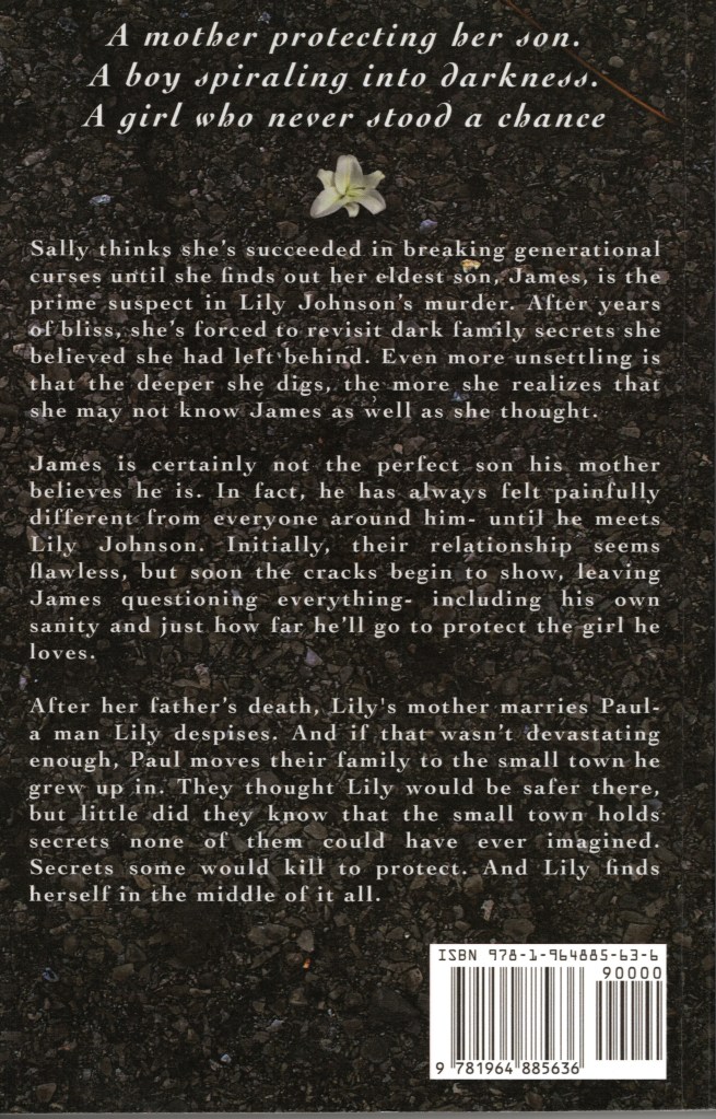 The back cover is black with summaries of the three main characters written in white.