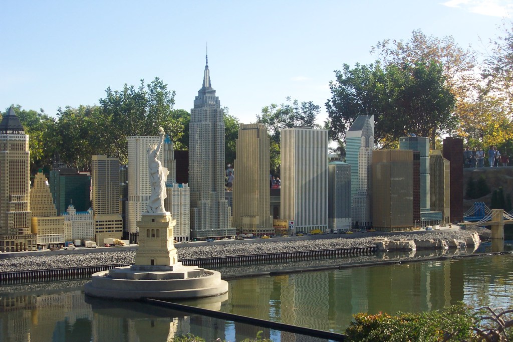 Several skyscrapers including Empire State building and the Statue of Liberty, all built from Legos, but a different angle.