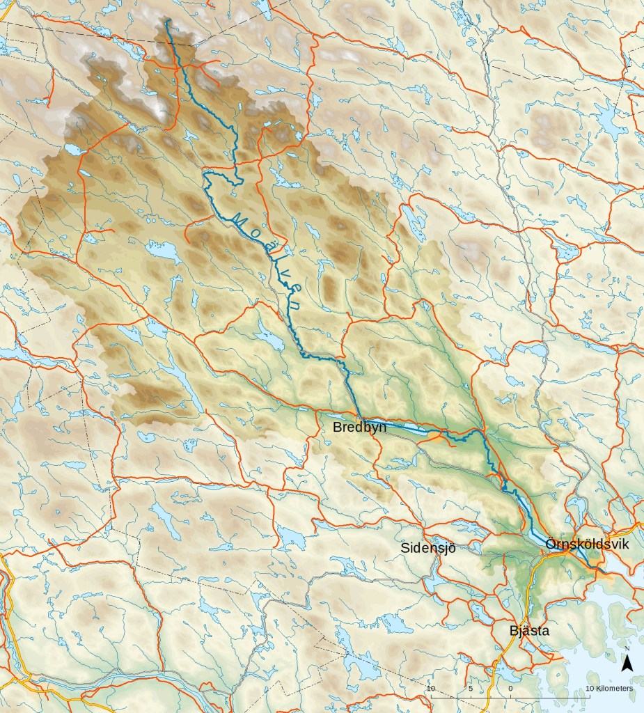 A beige and brown map showing the path of Moälven in blue.