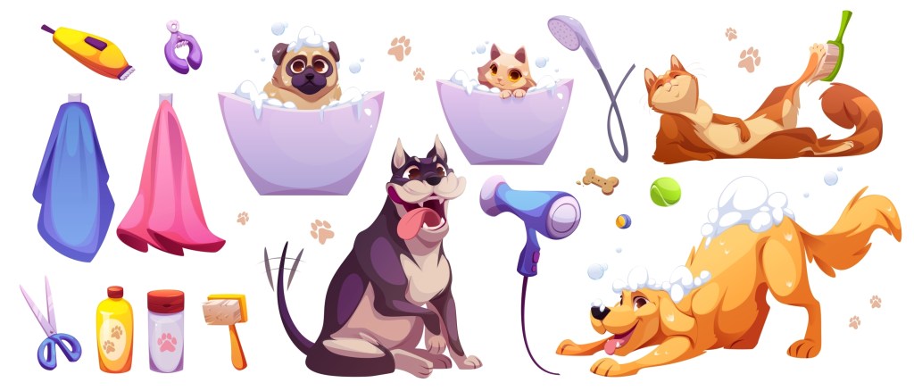 Grooming cartoon pets with bathing equipment and salon accessories for animal spa service. Dogs and cats with brushes and towels, scissors, shampoo bottles and hair dryer. Playful hygiene collection.
