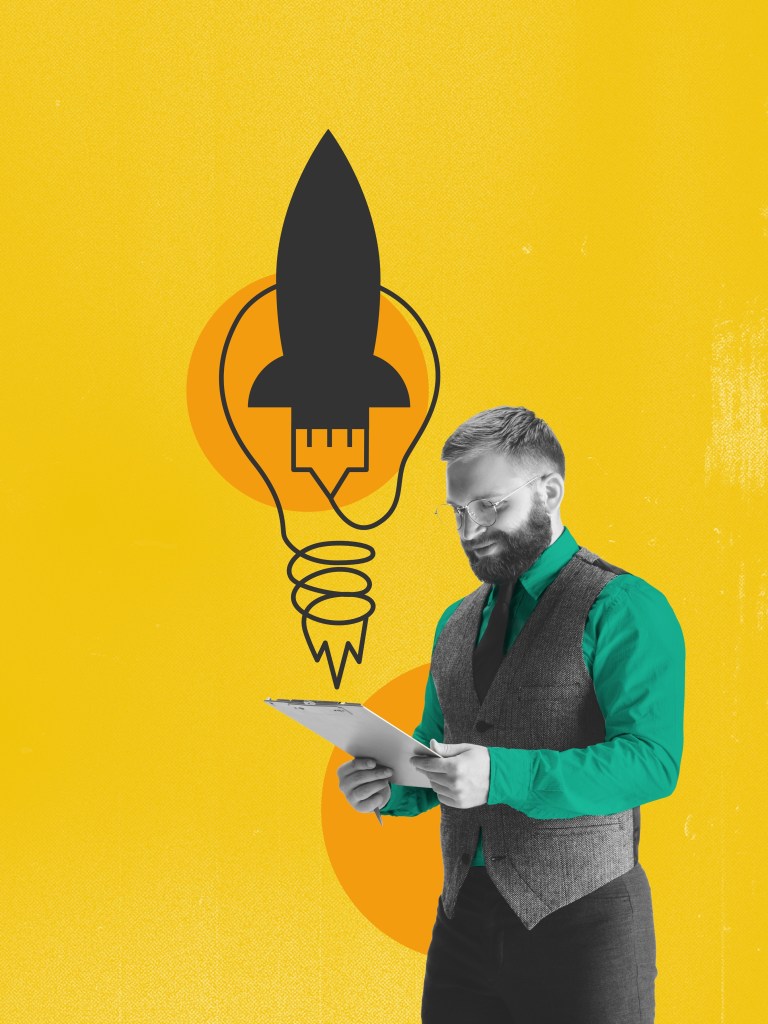 Businessman with beard holding clipboard near rocket shaped lightbulb on yellow background. Concept of innovative leadership, startup growth, digital marketing, and visionary strategy.