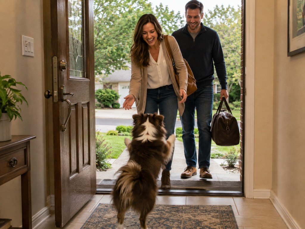 A happy man and a happy woman enters a front door and are greeted by a happy mini-Australian Shepherd.